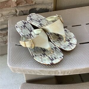 Beige and Gold Sandals with Logo Print